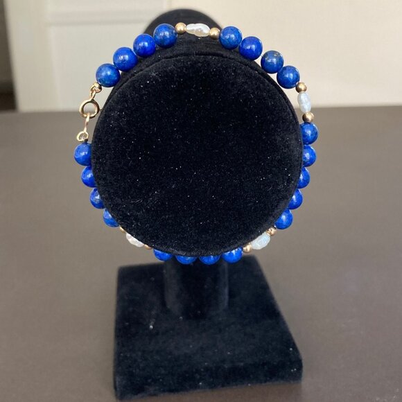Lapis Lazuli 5.5mm Beads, Pearl and Gold Bead Bracelet with 14k Gold Clasp - Picture 1 of 16